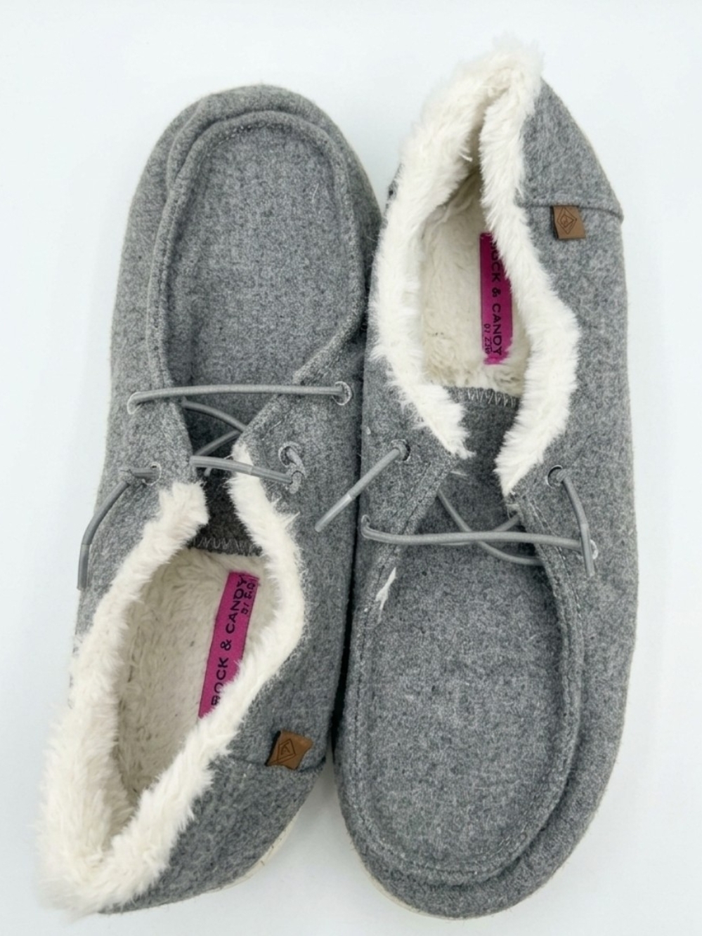 Rock & Candy Gray Fleece-Lined Women's Moccasin Slippers with Lace Detail
